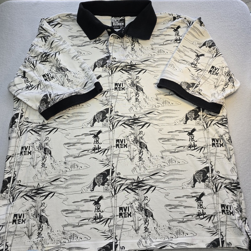 Vintage Avirex XL Polo Shirt All‎ Over Print Tiger Bamboo Japanese Kanji 90s Y2K